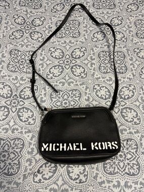 Michael Kors Black Leather Crossbody Double Zipper White Logo